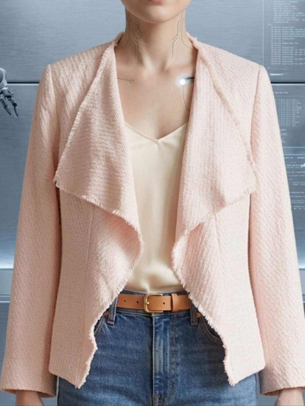 Karl Lagerfeld Pale Pink Open-Front Waterfall  Textured Blazer
